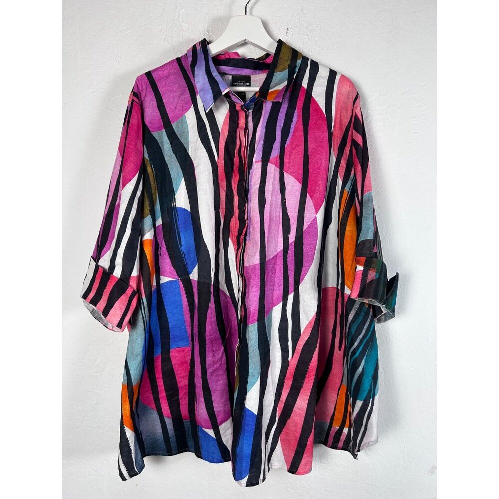 Ulla Popken The Luxury Selection Colorful Abstract Striped Button-Up Tunic 24/26